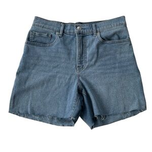 EXPRESS WOMENS MIDI HIGH RISE CUT OFF DENIM LIGHT BLUE JEAN SHORTS SIZE 4